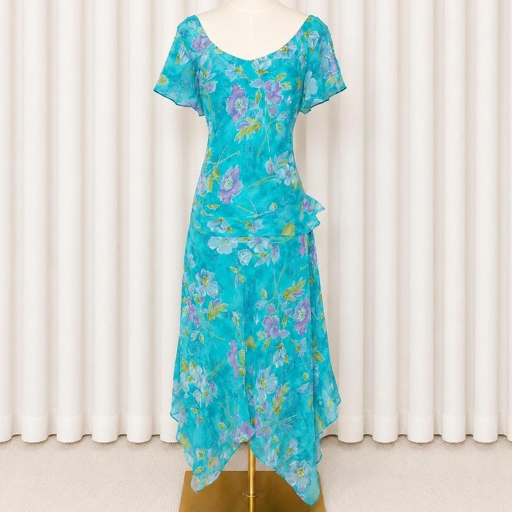 ❀༉‧₊˚ Vintage Y2K Tropical Floral Handkerchief Hem Dress ‧₊˚❀༉‧